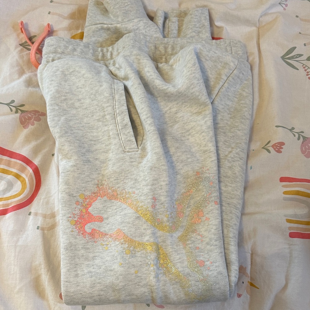 Puma Kids Light Gray Sweatpants with Pink and Gold Accents